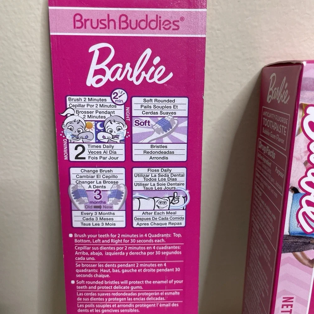 Brush Buddies Barbie 2 Pack Toothbrushes And Toothpaste‎ Set Bubble Gum Flavor